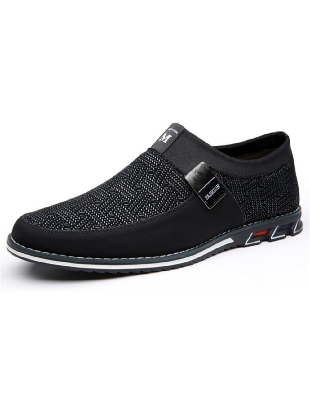 Men's Dark Black Herringbone Tweed Slip-on Low-heel Silver Hardware Dress Loafer